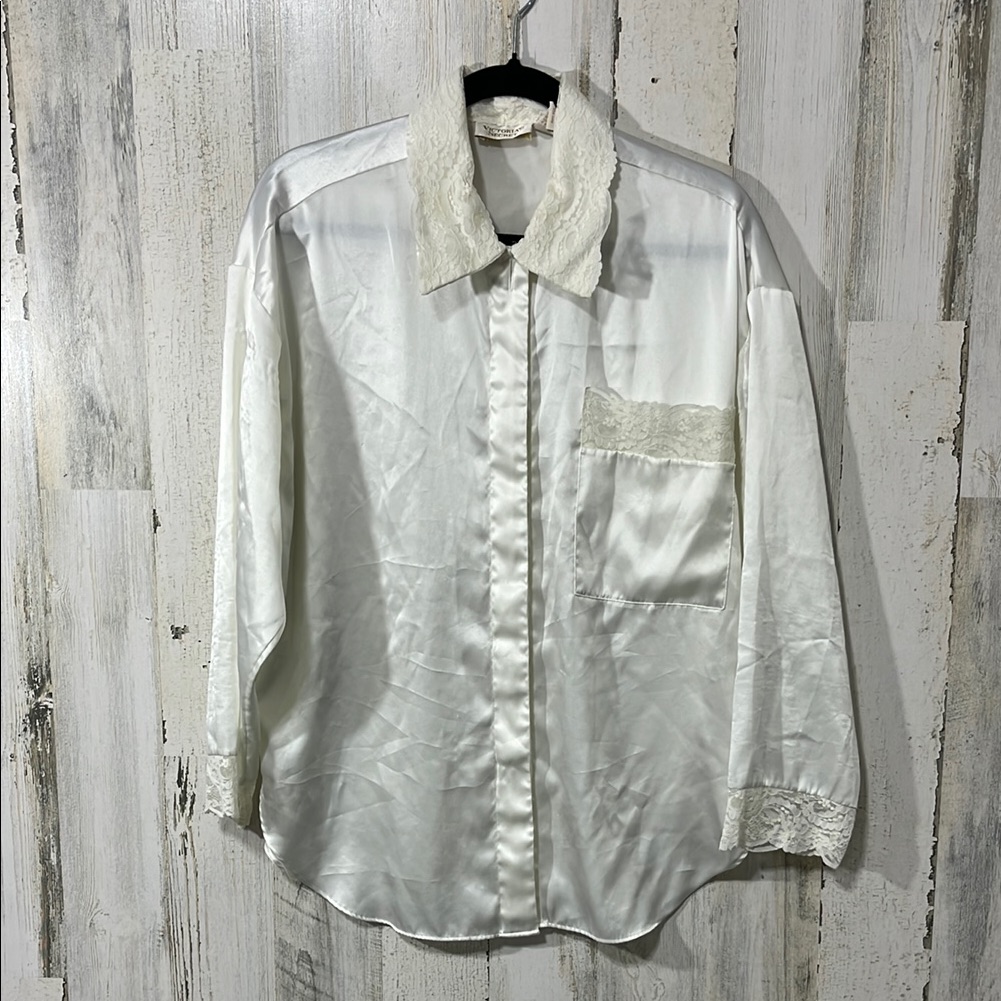 Vintage Victoria Secret Satin Pajama Top Button Up Lace Trim Top Only